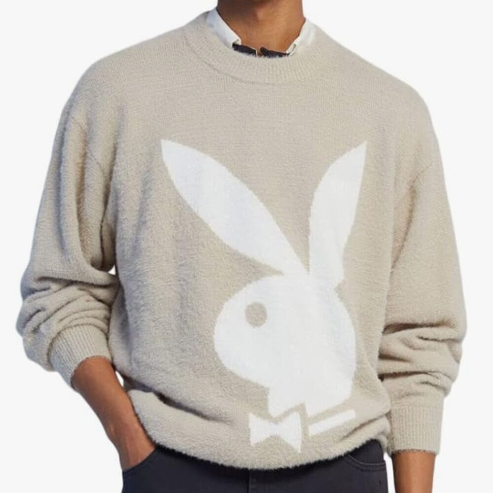 PLAYBOY Fuzzy Bunny Head PacSun Crew Neck Sweater Tan Beige XL
